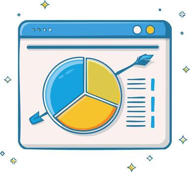 Cartoon webpage display screen with pie chart analysis presented by arrow and list illustration for online business presentation vector