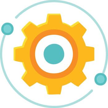 Abstract gear icon with orbiting elements symbolizing technology innovation and system processes vector
