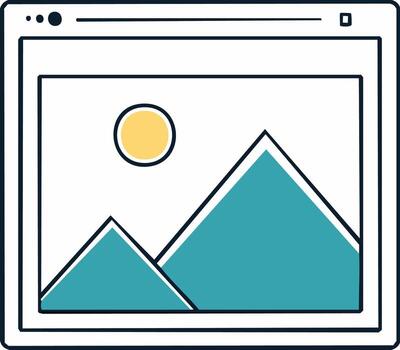 Digital screen displaying a simplistic mountain landscape with a bright sun illustration vector