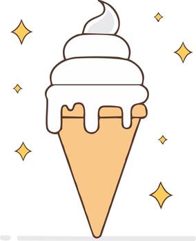 Refreshing white soft serve ice cream melting on a classic waffle cone illustration with vibrant sparkles vector
