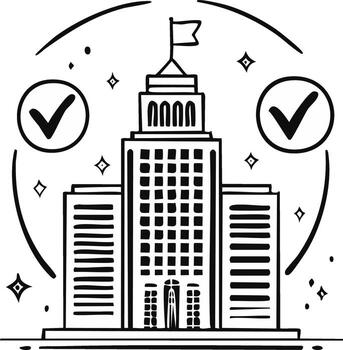 edificio bosquejo con marcas de verificación y bandera, arquitectónico ilustración vector