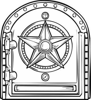 Monochrome illustration of a secure vault door with a large five-pointed star design and rivets vector