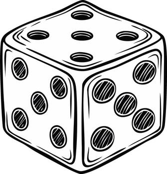 Classic outlined die illustration with visible 6, 5, and 4 pips for gambling, games, and probability design vector