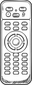 negro y blanco ilustración de un detallado remoto controlar con muchos botones y un circular direccional almohadilla vector