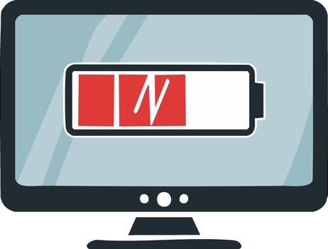 computadora pantalla mostrando un bajo batería advertencia con un cargando símbolo vector