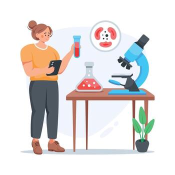 Illustration showing scientist analyzing blood samples with microscope in healthcare lab vector