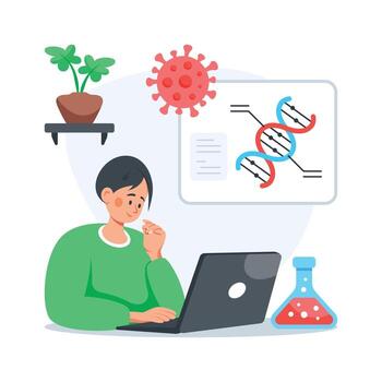 Flat style Illustration of scientist analyzing DNA sample in medical lab, vector