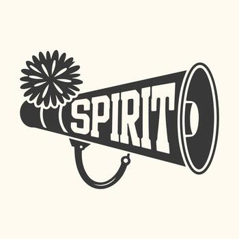 Art of a megaphone with the word spirit emblazoned on its side, topped with a fluffy pompom, symbolizing enthusiasm and team support in a bold graphic style vector