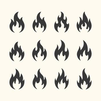 Art of collection of twelve stylized flame icons in a grid layout, , representing fire and heat in a simple, modern design vector