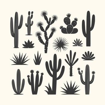 Arte de colección de varios Desierto cactus y suculento planta siluetas, aislado en un ligero crema fondo, Perfecto para gráfico diseño elementos vector