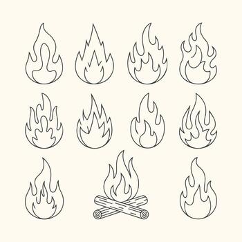 Art of a collection of handdrawn fire icons, isolated on a, showcasing various flame shapes and a campfire with logs, perfect for design elements vector