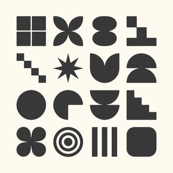 Art of a collection of abstract geometric shapes and symbols in a grid layout, isolated on a light cream background, showcasing modern design elements vector