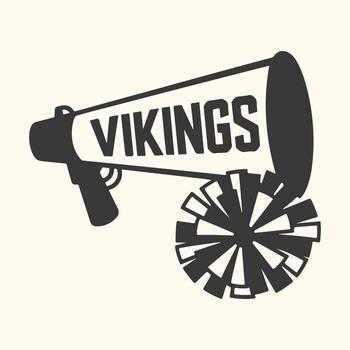 Art of a black and white graphic of a megaphone with the word vikings emblazoned on it, accompanied by a pompom, isolated on a light cream background vector