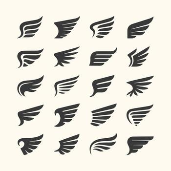 A Art of collection of diverse wing icons, each isolated on a, showcasing a variety of styles and designs for graphic elements vector