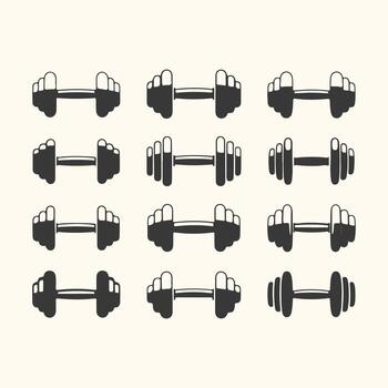 Art of a collection of twelve black dumbbells arranged in a grid pattern on a light cream background, symbolizing fitness and strength training vector