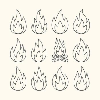 Art of a collection of simple, handdrawn fire icons and a campfire, isolated on a light cream background, perfect for design elements vector