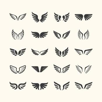 Art of a collection of diverse wing icons, isolated on a, showcasing various styles from simple outlines to detailed feather designs, perfect for emblems vector