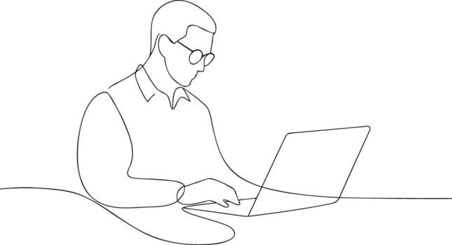 Man wearing glasses typing on laptop computer continuous vector