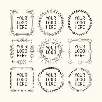 Art of collection of nine handdrawn circular and square frames with your logo here text, perfect for branding and design elements set vector