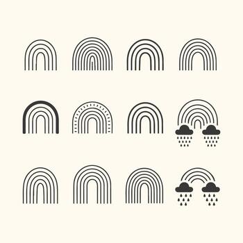 Art of collection of minimalist boho rainbows with rain cloud elements, abstract line art, isolated vector