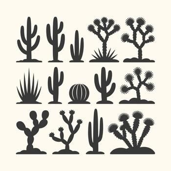 Arte de colección de varios Desierto cactus y suculento planta siluetas, aislado en a, exhibiendo diverso formas y formas vector