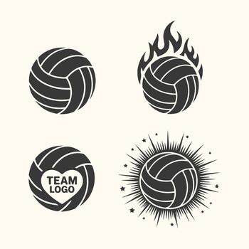 Arte de colección de cuatro estilizado vóleibol iconos, incluso un llameante pelota, un pelota con un en forma de corazon equipo logo, y un pelota con un rayos de sol efecto, aislado en un ligero antecedentes vector