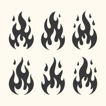 Art of set of six stylized black flame icons with dripping elements, isolated on a light cream background, perfect for design projects needing a fiery aesthetic vector