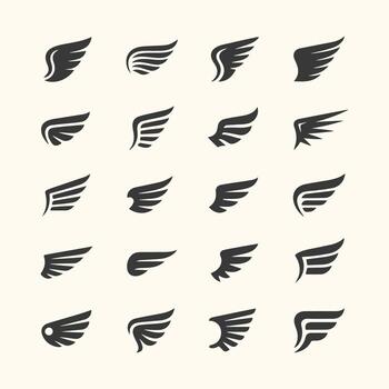 Art of collection of diverse wing icons, each isolated on a, showcasing a variety of styles and designs for graphic elements vector