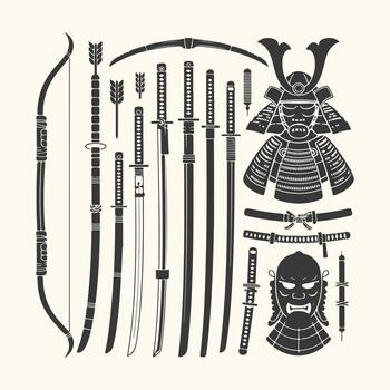 Art of collection of traditional japanese samurai weapons and armor elements, including swords, bow, arrows, and helmets, isolated on a light background vector