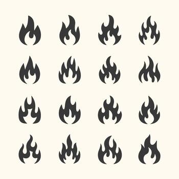 Art of a collection of sixteen stylized flame icons, each unique in its shape and intensity, presented in a uniform black silhouette against a light cream background vector