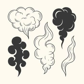 Arte de un colección de estilizado fumar y vapor elementos, presentando ambos negro y blanco dibujado a mano diseños, Perfecto para agregando atmosférico efectos a tu creativo proyectos vector
