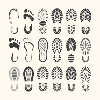 Art of collection of diverse footprint and shoe sole imprints, showcasing various tread patterns and sizes vector