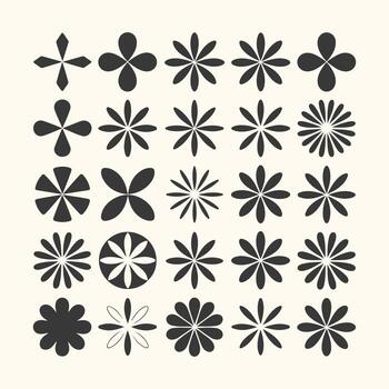 Art of a collection of 25 diverse abstract floral and starshaped graphic elements, isolated on a, perfect for design projects vector