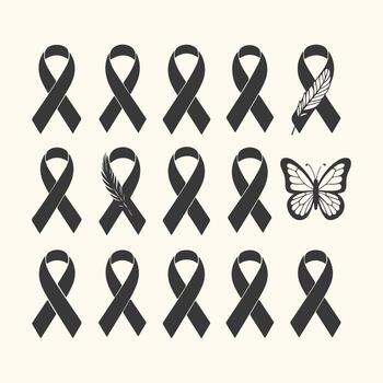 Art of collection of black awareness ribbons, including a feather and butterfly, symbolizing remembrance, support, and solidarity for various causes, isolated on a light background vector
