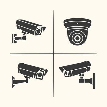 Art of set of four black security camera icons in a grid layout, representing surveillance and monitoring systems, isolated on a light background vector
