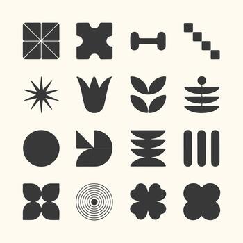 Art of a collection of abstract geometric shapes and minimalist icons, including a starburst, tulip, dumbbell, and clover, presented on a neutral background for versatile design applications vector