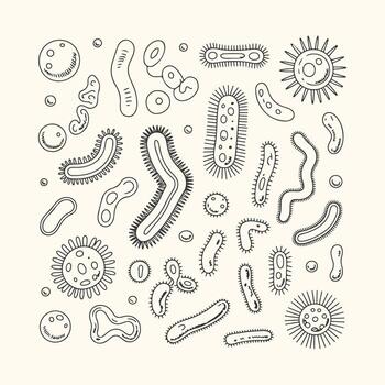 Art of a handdrawn sketch of various microscopic organisms, including bacteria and viruses, isolated on a, showcasing diverse shapes and forms vector