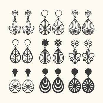 Art of collection of various handmade dangle earrings, featuring floral and geometric designs, presented in a clean, artistic line drawing style on a neutral background vector