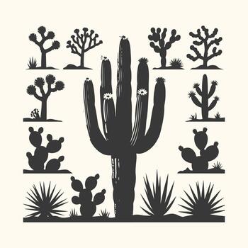 Arte de un colección de Desierto flora siluetas, incluso un grande saguaro cactus y varios menor plantas me gusta Joshua arboles y espinoso pera, aislado en un vector