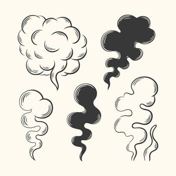 Art of a collection of five handdrawn smoke cloud elements, featuring a variety of shapes and styles, perfect for adding a touch of visual flair to your designs vector