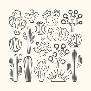 Arte de un colección de varios Desierto cactus plantas en un línea Arte estilo, , exhibiendo diferente formas y formas vector