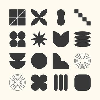 Arte de un colección de resumen geométrico formas y minimalista iconos, presentado en un moderno, plano diseño estilo en un neutral fondo, Perfecto para gráfico diseño proyectos vector