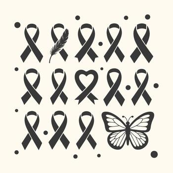 Art of collection of awareness ribbons, a feather, a heart shape, and a butterfly, isolated on a light cream background with scattered dots, symbolizing support and remembrance vector
