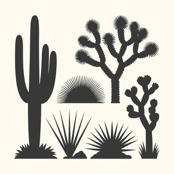 Arte de silueta colección de varios Desierto plantas incluso saguaro, Joshua árbol, y menor suculentas, aislado en un ligero crema fondo, Perfecto para occidental temas vector