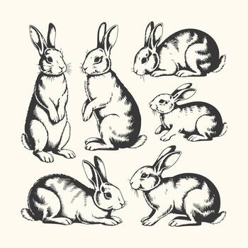 Art of a charming collection of six handdrawn rabbits in various poses, showcasing their unique personalities and forms, isolated on a plain background for versatile use vector