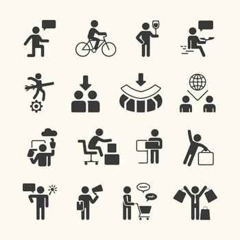 Art of collection of simple black pictograms representing various human activities and concepts, such as communication, cycling, shopping, and work, isolated on a light background vector
