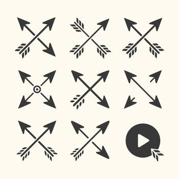 Art of collection of crossed arrows in various styles, including feathered and simple designs, isolated on a light background, perfect for graphic design elements vector