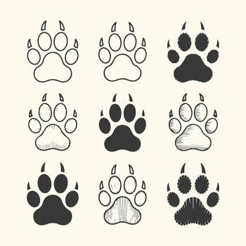 Art of collection of nine handdrawn paw print icons, featuring a variety of styles including outline, solid fill, and textured designs, representing animal tracks vector