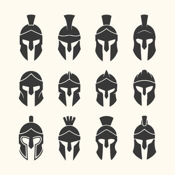 Art of collection of twelve spartan helmet icons in a grid pattern, isolated on a light cream background, representing ancient warrior headwear and military symbols vector