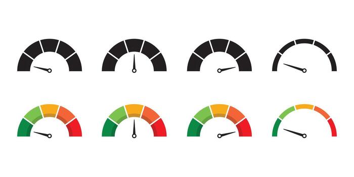 Set of score meters with speedometer style gauge indicators. Energy efficiency and consumer satisfaction measurement UI. Dial with arrows, scale, and indication lines. vector